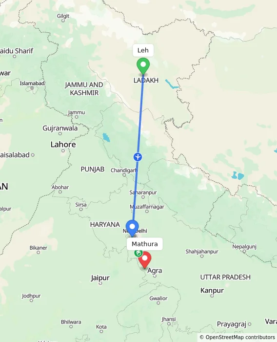 Route map showing distance and travel time from Leh, India to Mathura, India