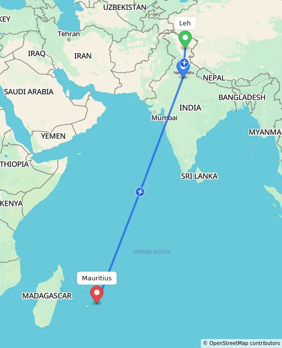 Route map showing distance and travel time from Leh, India to Mauritius, Mauritius
