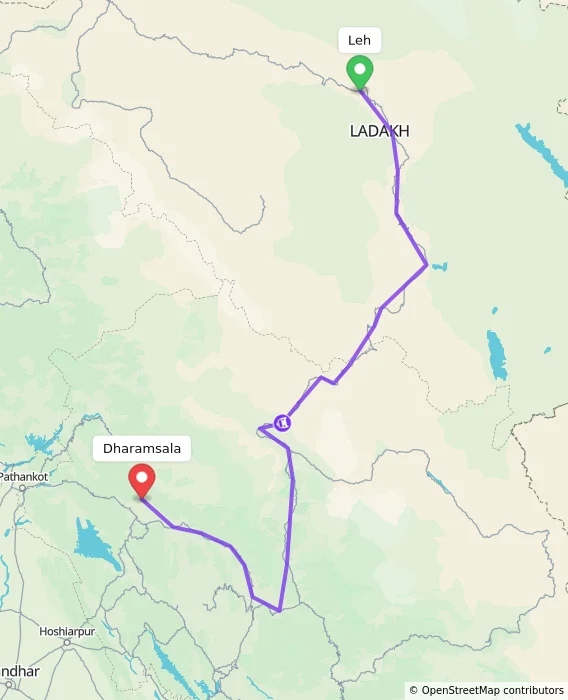 Route map showing distance and travel time from Leh, India to Dharamsala, India