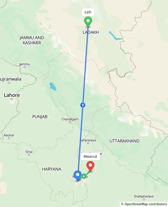 Route map showing distance and travel time from Leh, India to Meerut, India