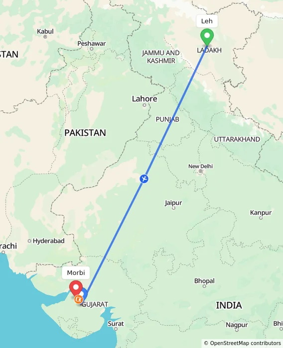 Route map showing distance and travel time from Leh, India to Morbi, India