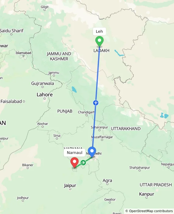 Route map showing distance and travel time from Leh, India to Narnaul, India