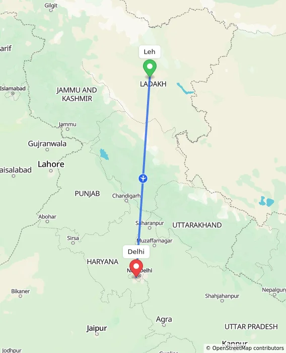 Route map showing distance and travel time from Leh, India to Delhi, India