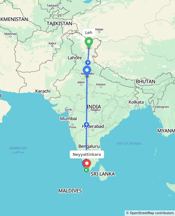 Route map showing distance and travel time from Leh, India to Neyyattinkara, India