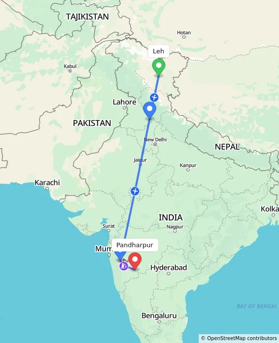 Route map showing distance and travel time from Leh, India to Pandharpur, India