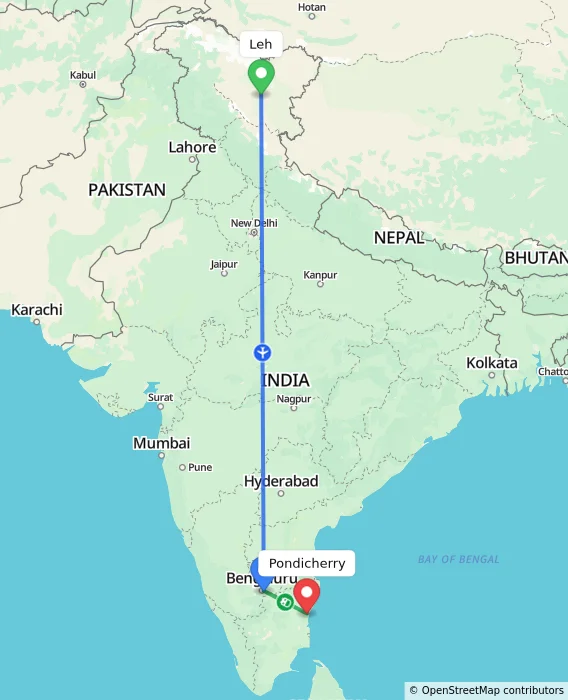 Route map showing distance and travel time from Leh, India to Puducherry, India