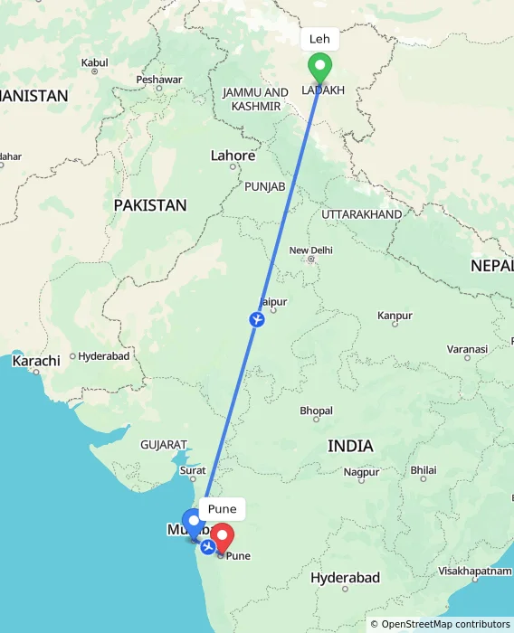 Route map showing distance and travel time from Leh, India to Pune, India