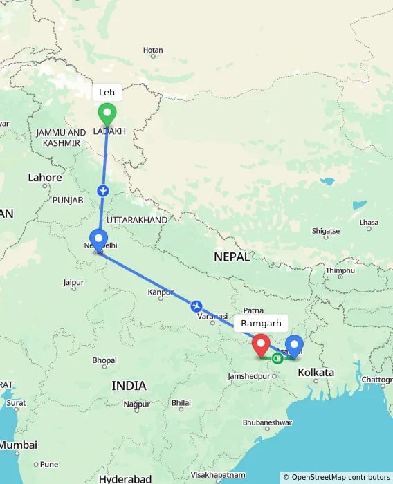 Route map showing distance and travel time from Leh, India to Ramgarh, India