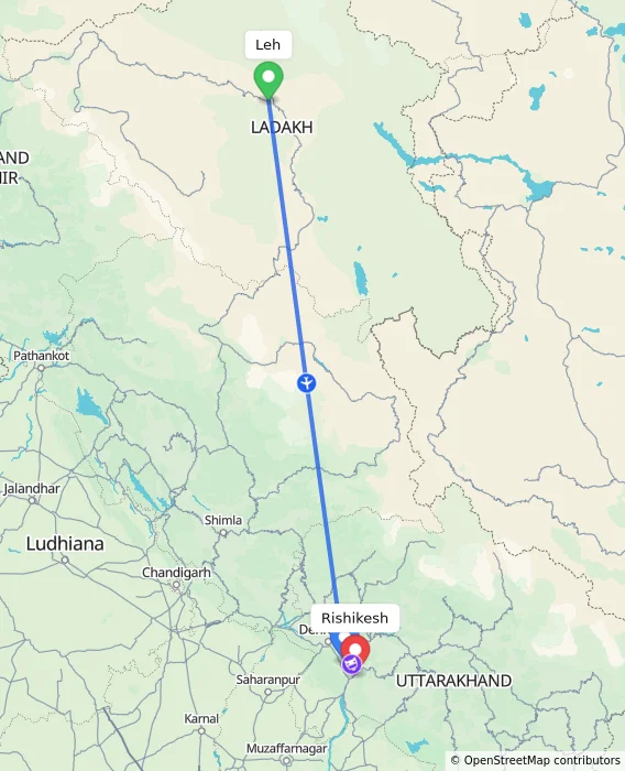 Route map showing distance and travel time from Leh, India to Rishikesh, India