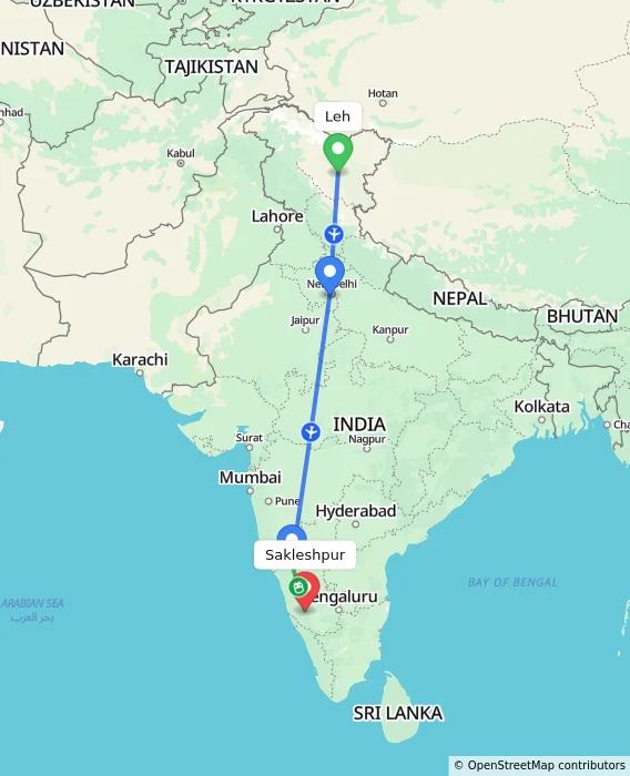 Route map showing distance and travel time from Leh, India to Sakleshpur, India