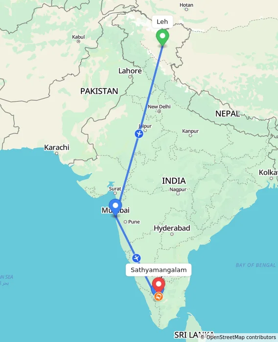 Route map showing distance and travel time from Leh, India to Sathyamangalam, India