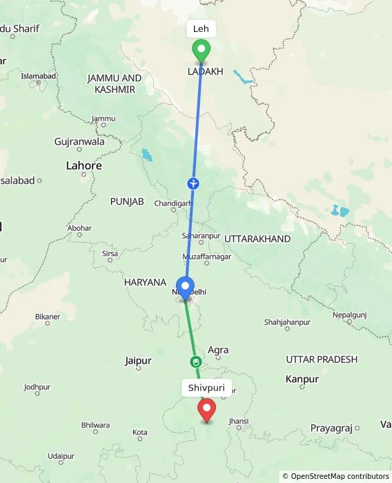Route map showing distance and travel time from Leh, India to Shivpuri, India