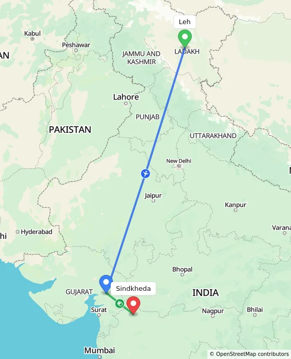Route map showing distance and travel time from Leh, India to Sindkheda, India