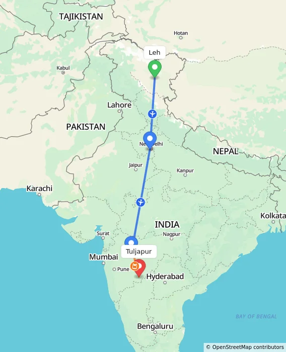 Route map showing distance and travel time from Leh, India to Tuljapur, India