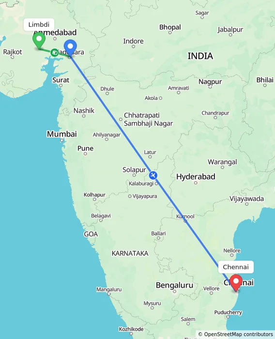Route map showing distance and travel time from Limbdi, India to Chennai, India