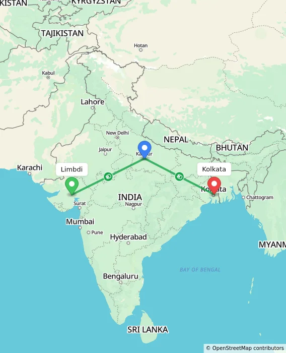 Route map showing distance and travel time from Limbdi, India to Kolkata, India