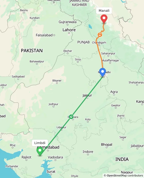 Route map showing distance and travel time from Limbdi, India to Manali, India