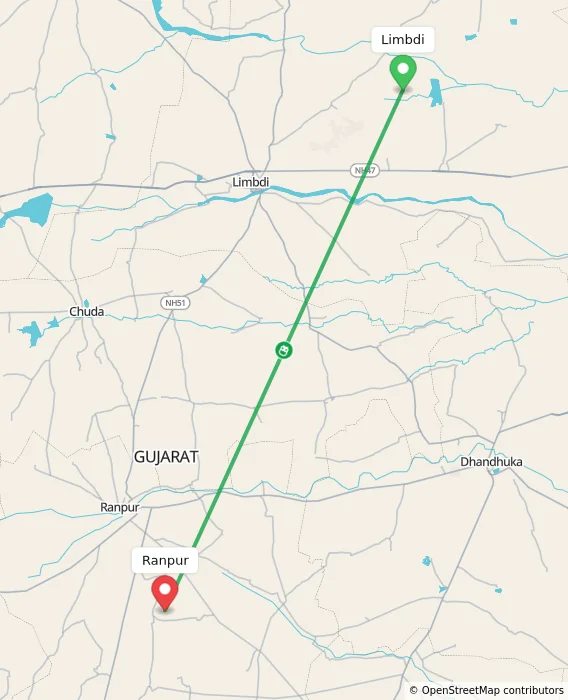 Route map showing distance and travel time from Limbdi, India to Ranpur, India