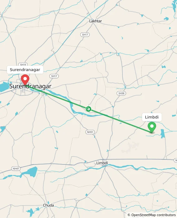 Route map showing distance and travel time from Limbdi, India to Surendranagar, India