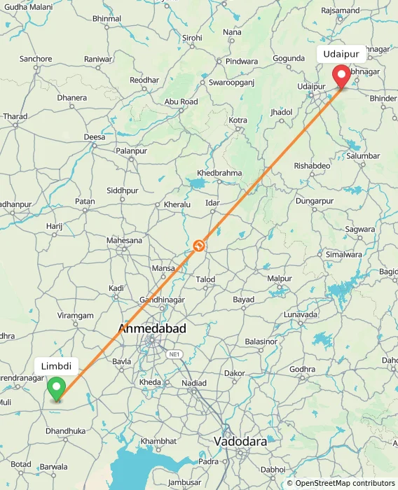 Route map showing distance and travel time from Limbdi, India to Udaipur, India