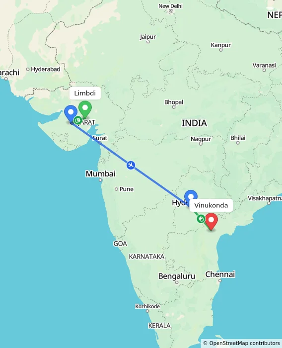 Route map showing distance and travel time from Limbdi, India to Vinukonda, India