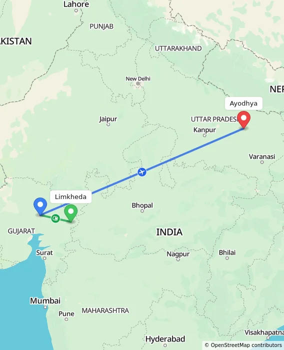 Route map showing distance and travel time from Limkheda, India to Ayodhya, India