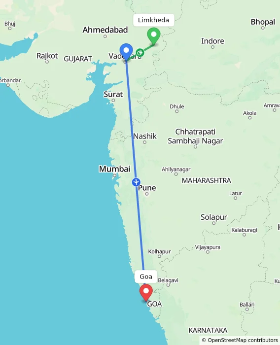 Route map showing distance and travel time from Limkheda, India to Goa, India