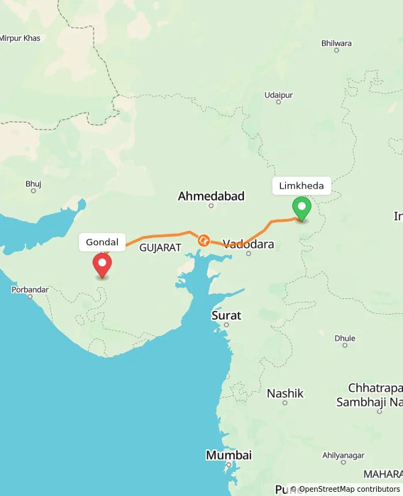Route map showing distance and travel time from Limkheda, India to Gondal, India