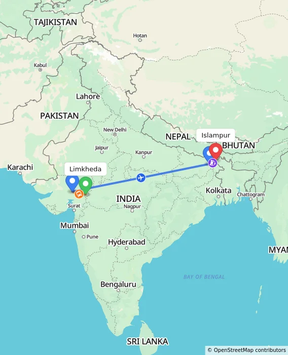 Route map showing distance and travel time from Limkheda, India to Islampur, India
