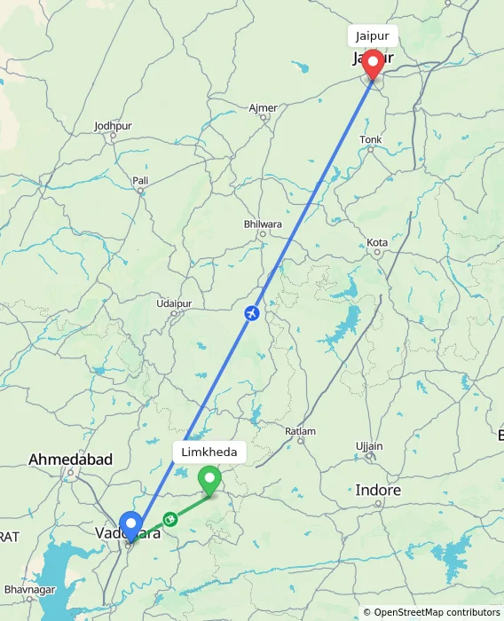 Route map showing distance and travel time from Limkheda, India to Jaipur, India