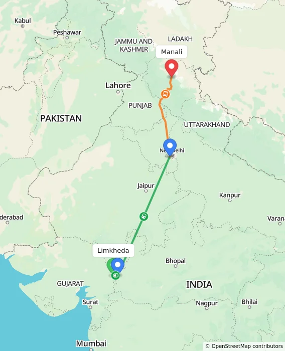 Route map showing distance and travel time from Limkheda, India to Manali, India