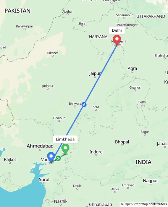 Route map showing distance and travel time from Limkheda, India to Delhi, India