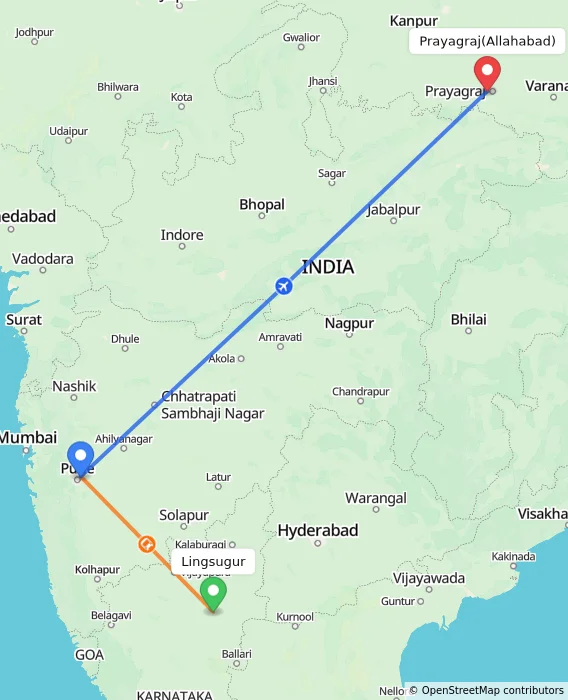 Route map showing distance and travel time from Lingsugur, India to Allahabad, India