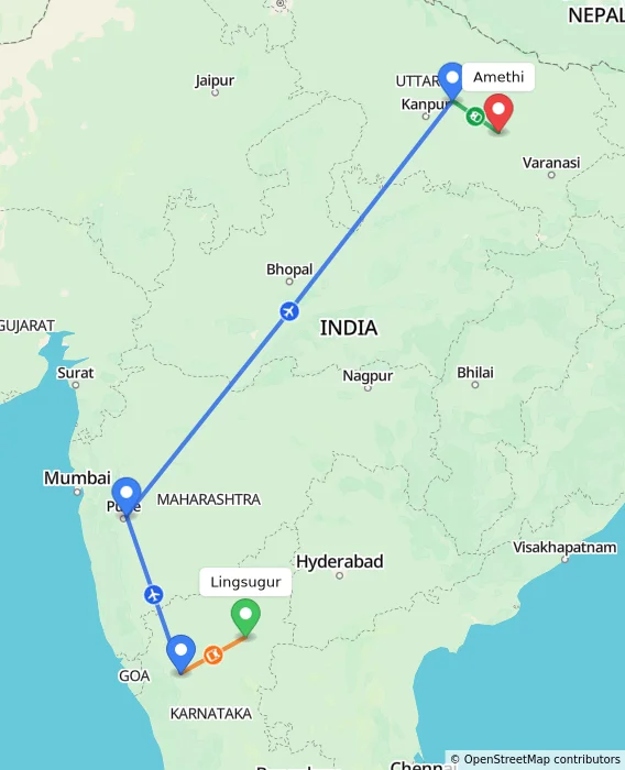 Route map showing distance and travel time from Lingsugur, India to Amethi, India