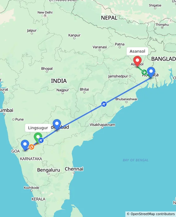 Route map showing distance and travel time from Lingsugur, India to Asansol, India