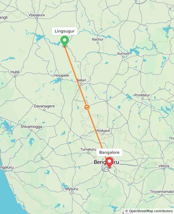 Route map showing distance and travel time from Lingsugur, India to Bangalore, India
