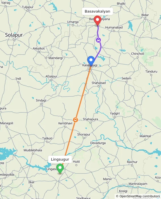 Route map showing distance and travel time from Lingsugur, India to Basavakalyan, India