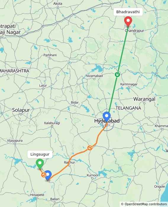 Route map showing distance and travel time from Lingsugur, India to Bhadravathi, India