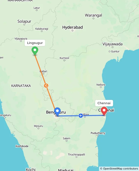 Route map showing distance and travel time from Lingsugur, India to Chennai, India