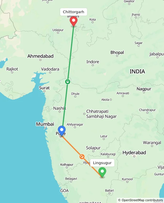 Route map showing distance and travel time from Lingsugur, India to Chittorgarh, India
