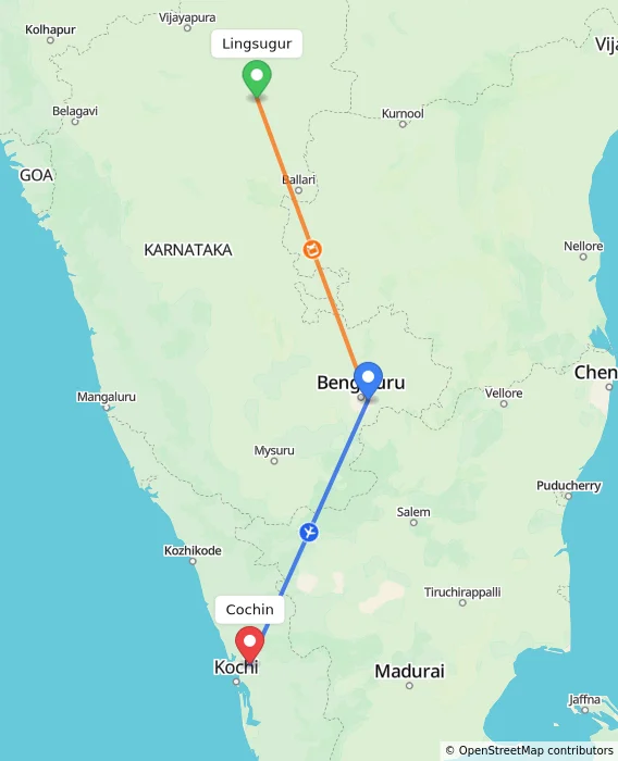Route map showing distance and travel time from Lingsugur, India to Cochin, India
