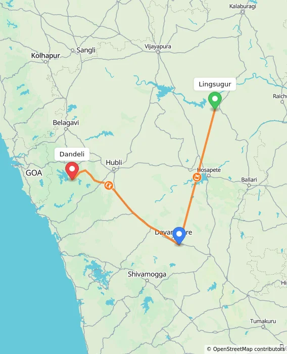 Route map showing distance and travel time from Lingsugur, India to Dandeli, India
