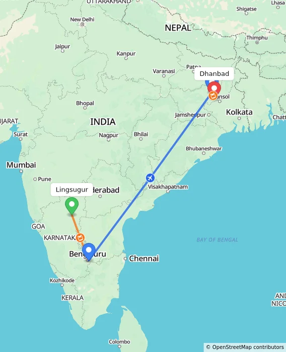 Route map showing distance and travel time from Lingsugur, India to Dhanbad, India