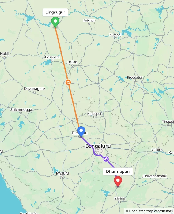 Route map showing distance and travel time from Lingsugur, India to Dharmapuri, India