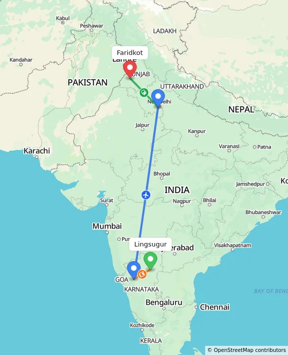 Route map showing distance and travel time from Lingsugur, India to Faridkot, India