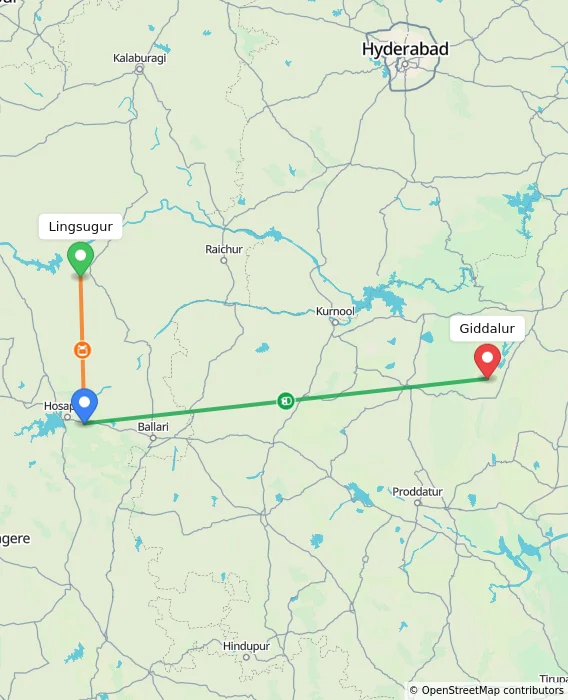 Route map showing distance and travel time from Lingsugur, India to Giddalur, India