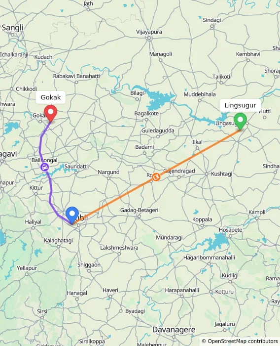 Route map showing distance and travel time from Lingsugur, India to Gokak, India