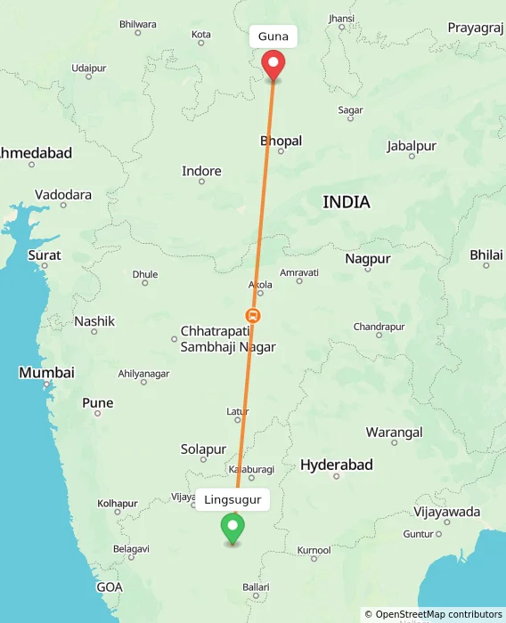 Route map showing distance and travel time from Lingsugur, India to Guna, India