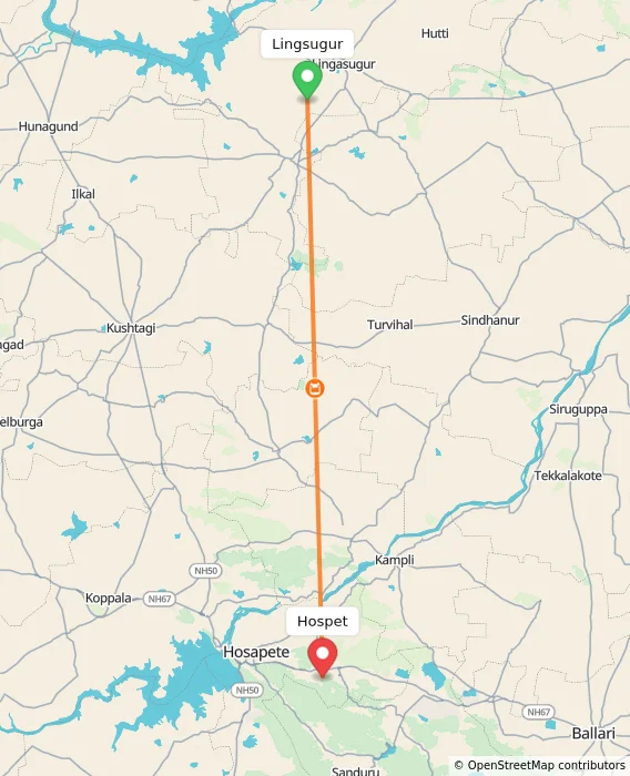 Route map showing distance and travel time from Lingsugur, India to Hospet, India