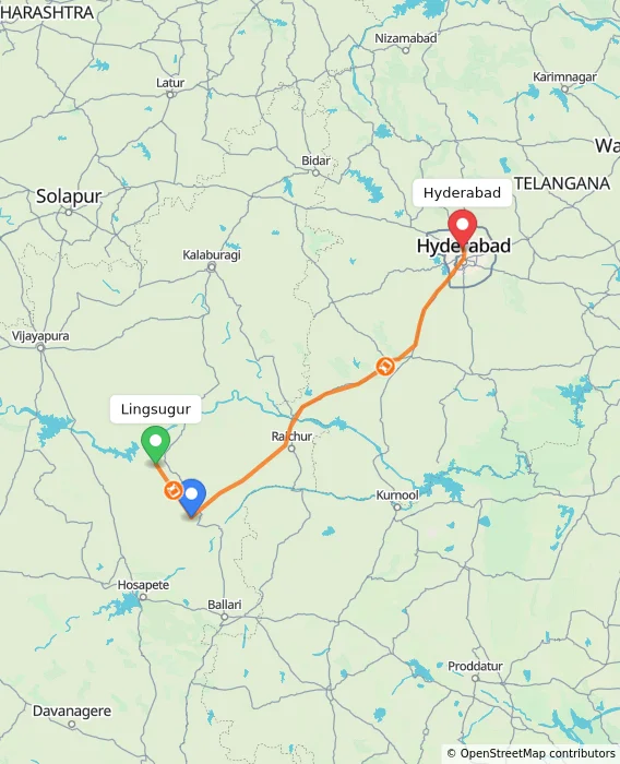 Route map showing distance and travel time from Lingsugur, India to Hyderabad, India